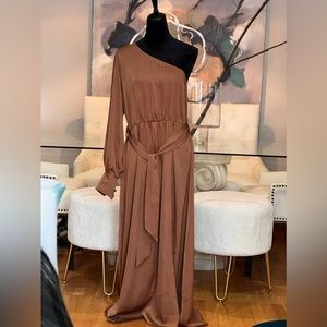 Tan maxi one shoulder dress
